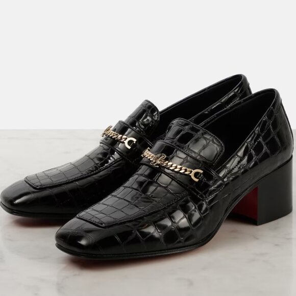Christian Louboutin MJ MOC 50 Croc Leather Heeled Loafers Shoes Chain CL - Picture 3 of 16